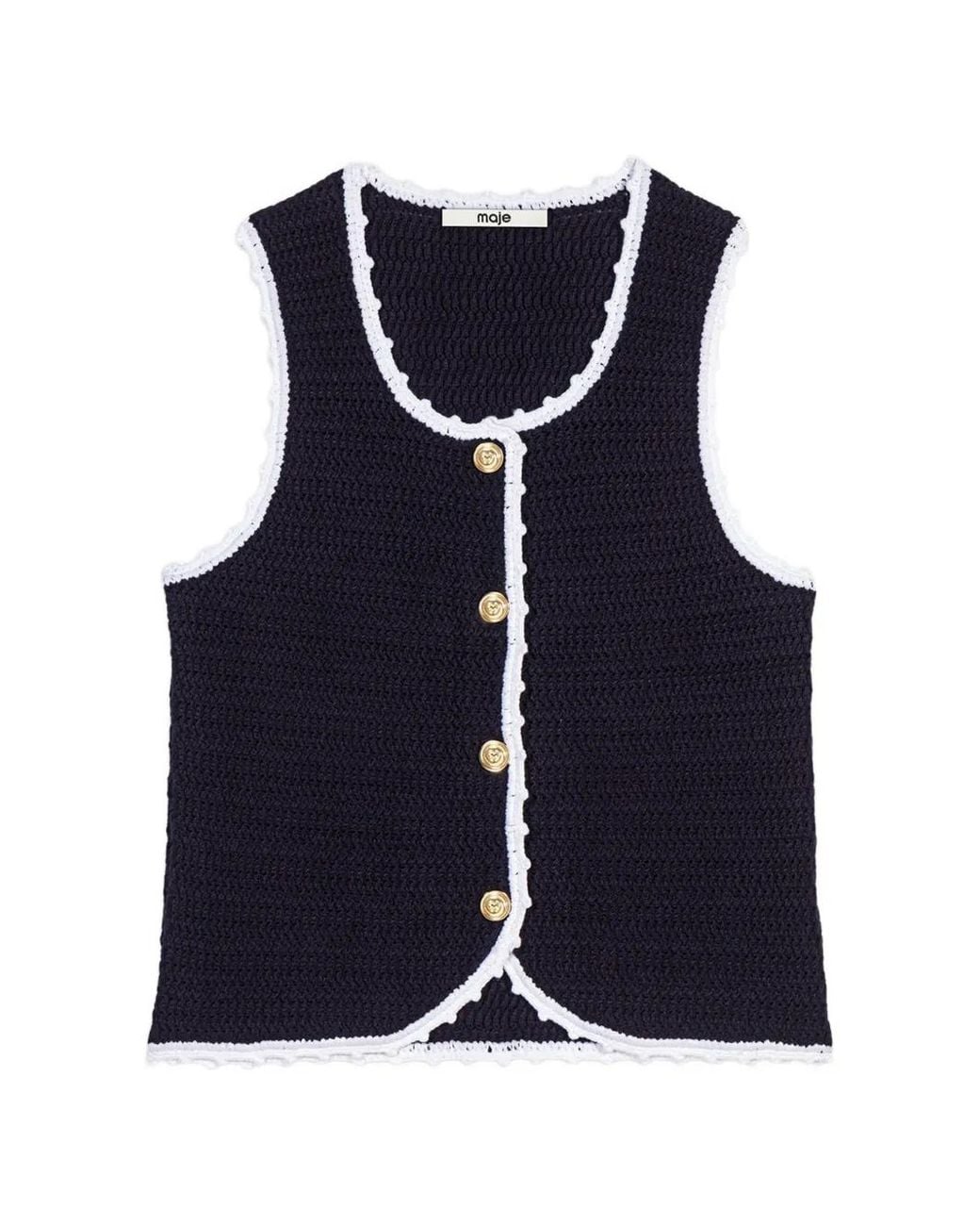 Maje Blue Knit Top With Crochet Trim