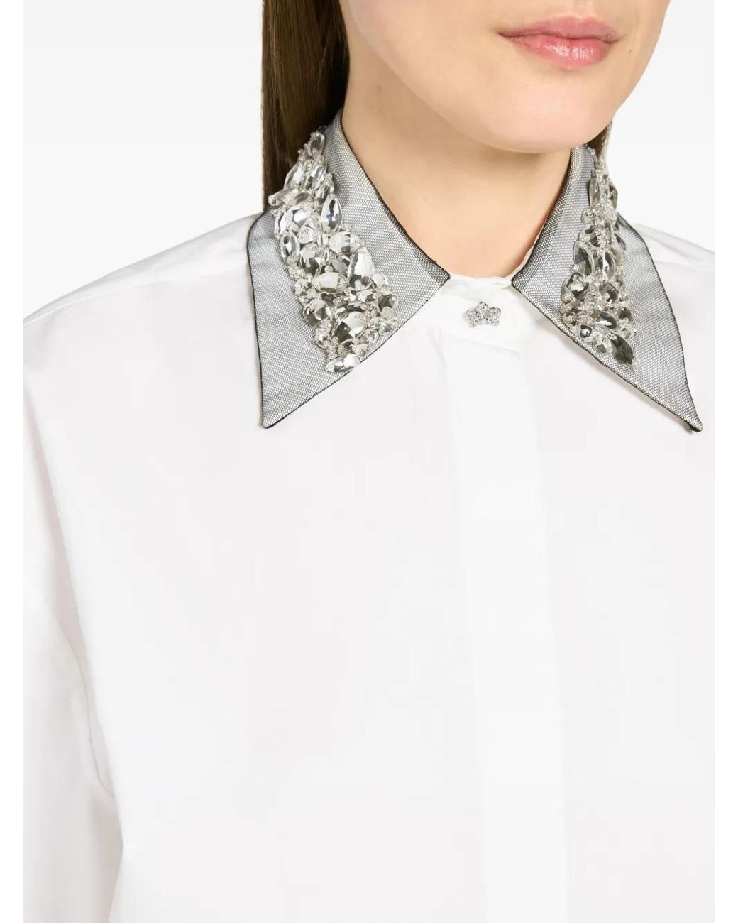 Genny White Crystal Embellished-Collar Shirt