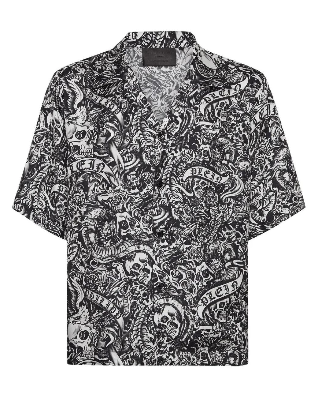 Philipp Plein Gray Tattoo Short-Sleeve Silk Shirt for men