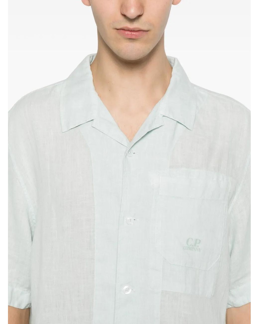 C P Company White Linen Boxy Short Sleeve Button Shirt for men