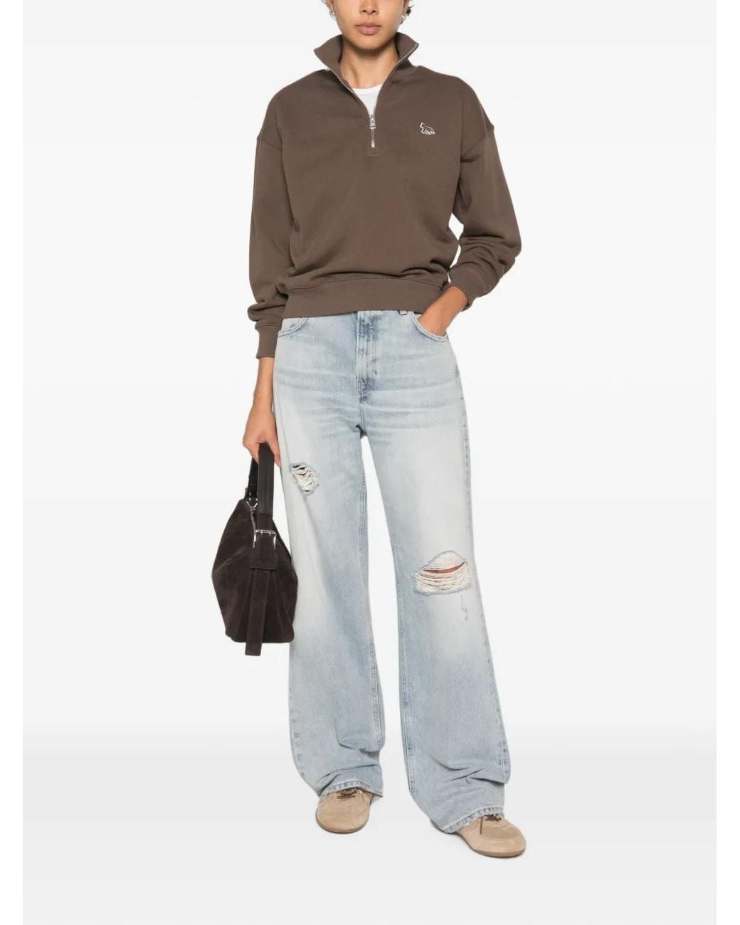 Maison Kitsuné Brown Logo-Patch Quarter-Zip Sweater