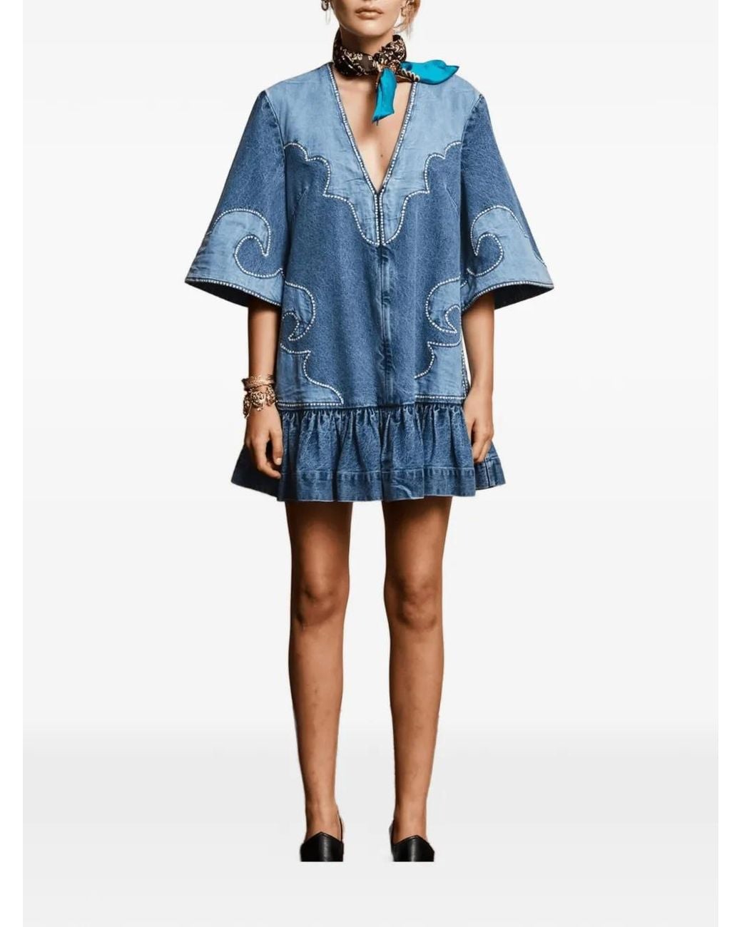 ALÉMAIS Blue Jesse Ruffled Patchwork Mini Dress