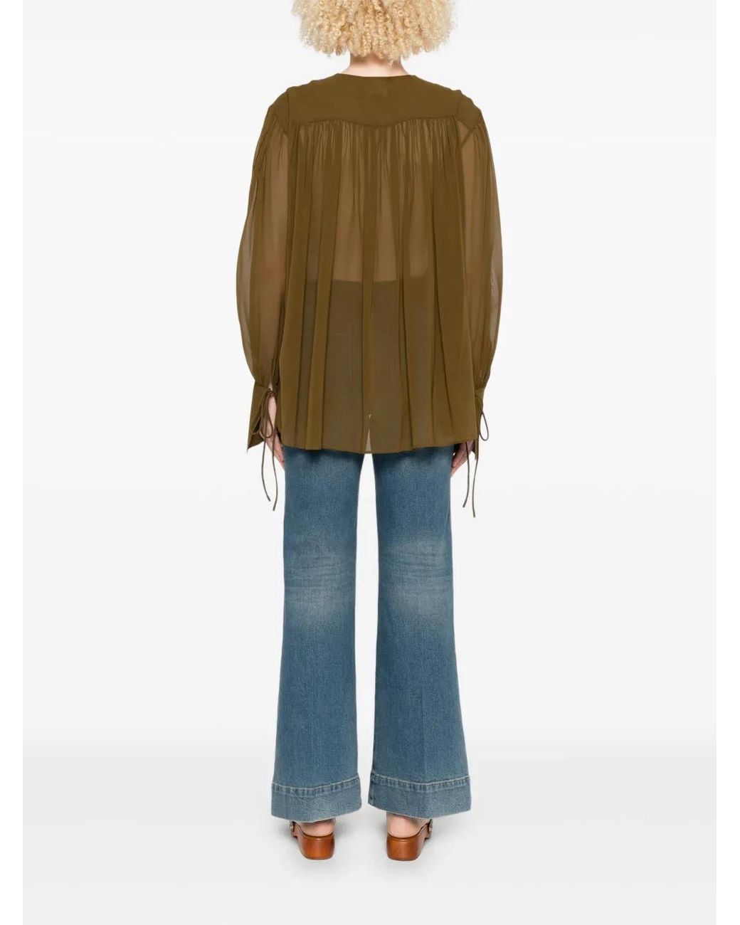 ANDAMANE Green Tie-Neck Gathered Blouse