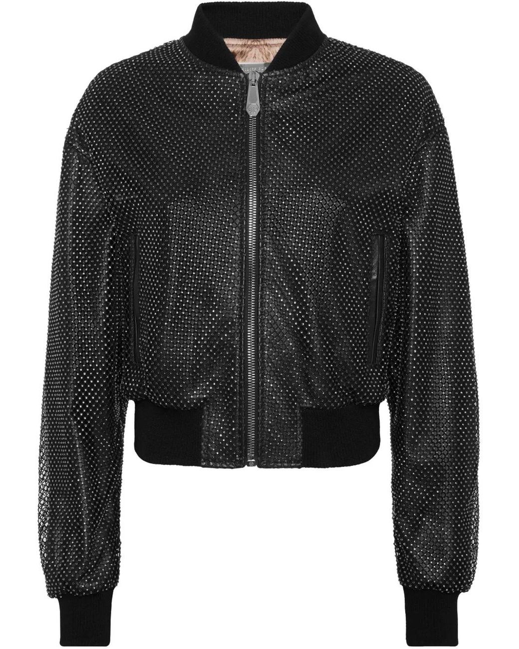 Philipp Plein Black Leather Crop Bomber Crystal