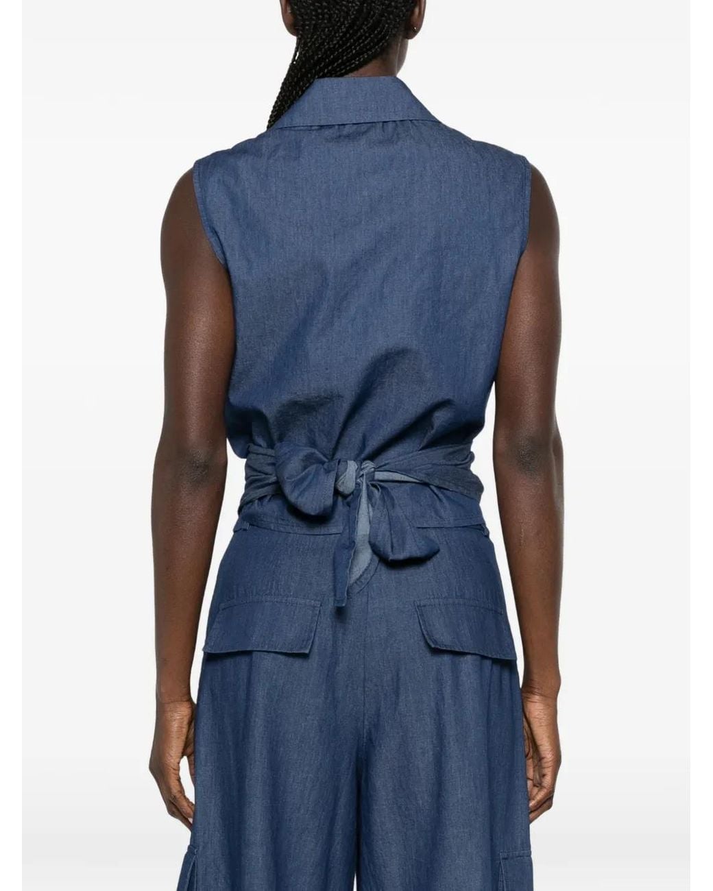 MOUTAKI Blue Tie-Waist Sleeveless Shirt