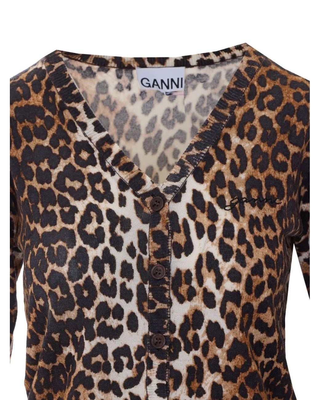 Ganni Black Cardigan À Motif Léopard Et Col V