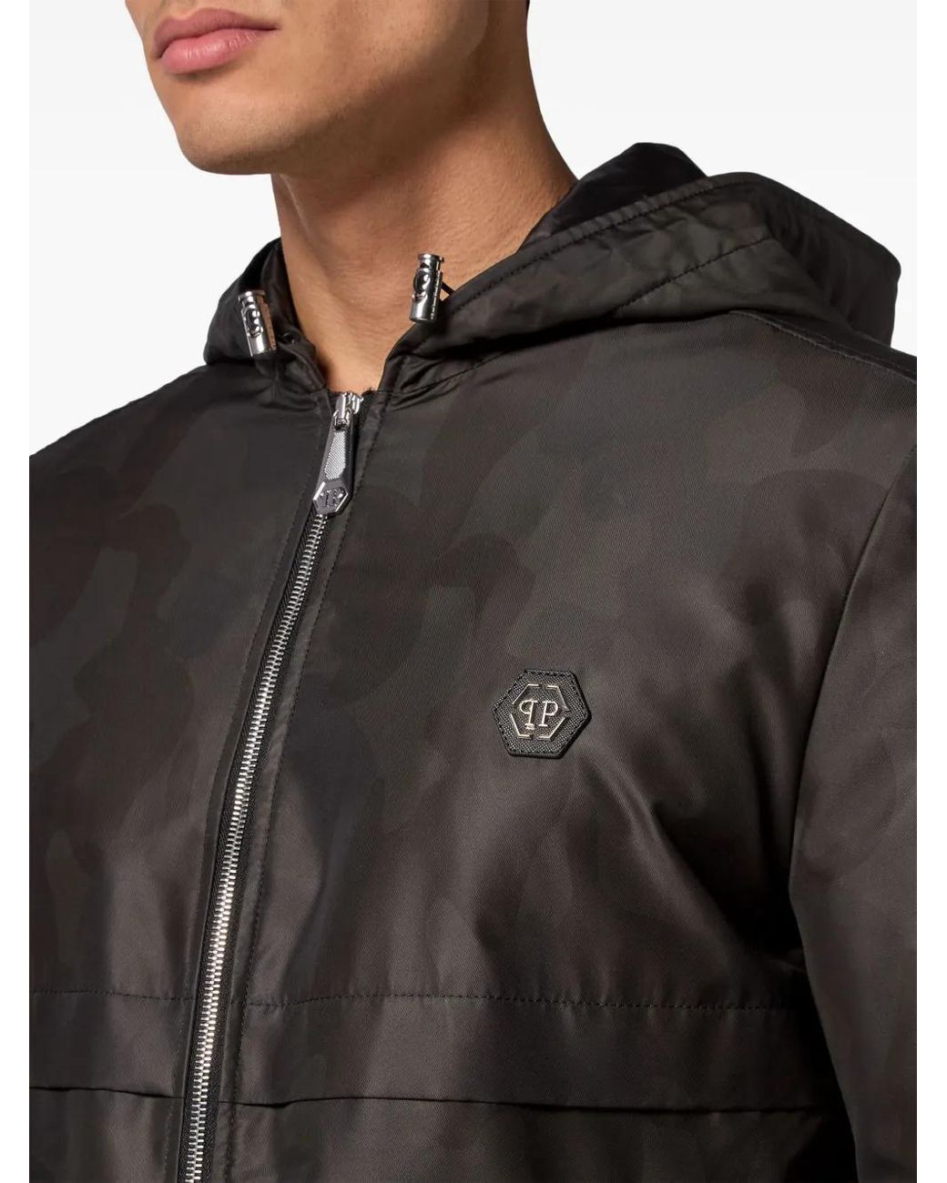Philipp Plein Black Camouflage-Print Hooded Jacket for men