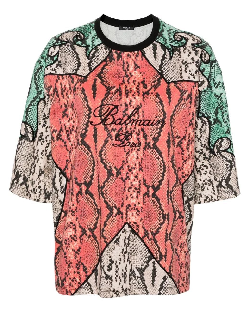 Balmain Red Python-Print Organic Cotton T-Shirt