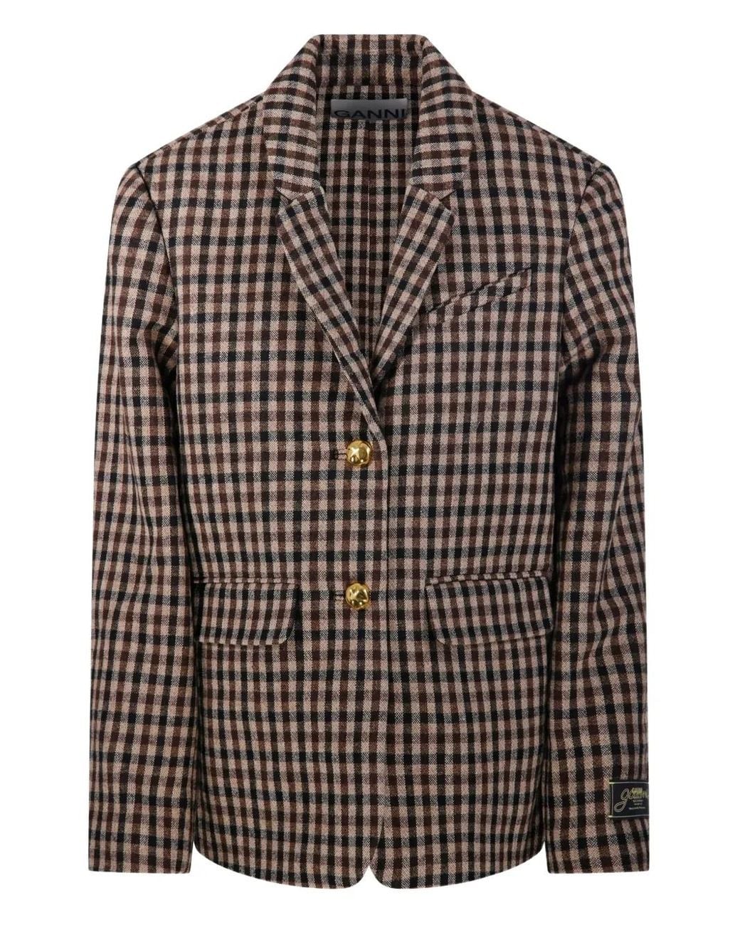 Ganni Brown Single-Breasted Checked Blazer
