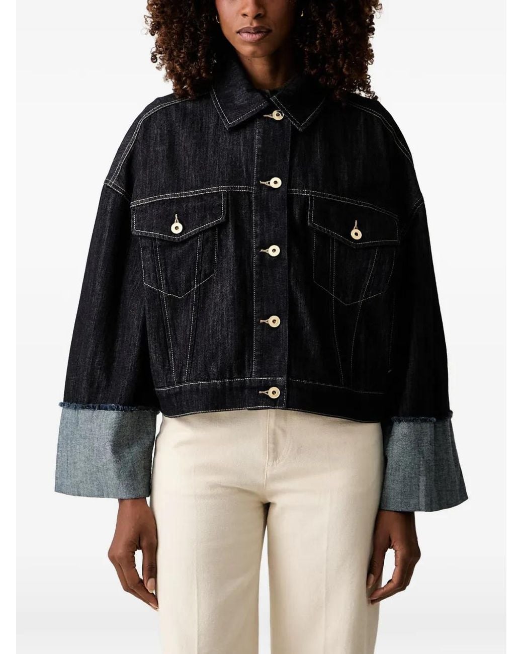 Twinset Black Contrast-Stitch Raw-Edge Denim Jacket