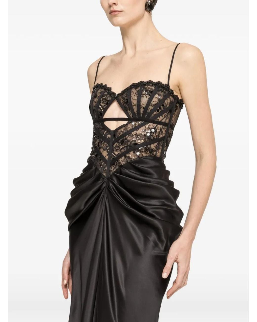 Nissa Black Lace-Panel Silk Maxi Dress