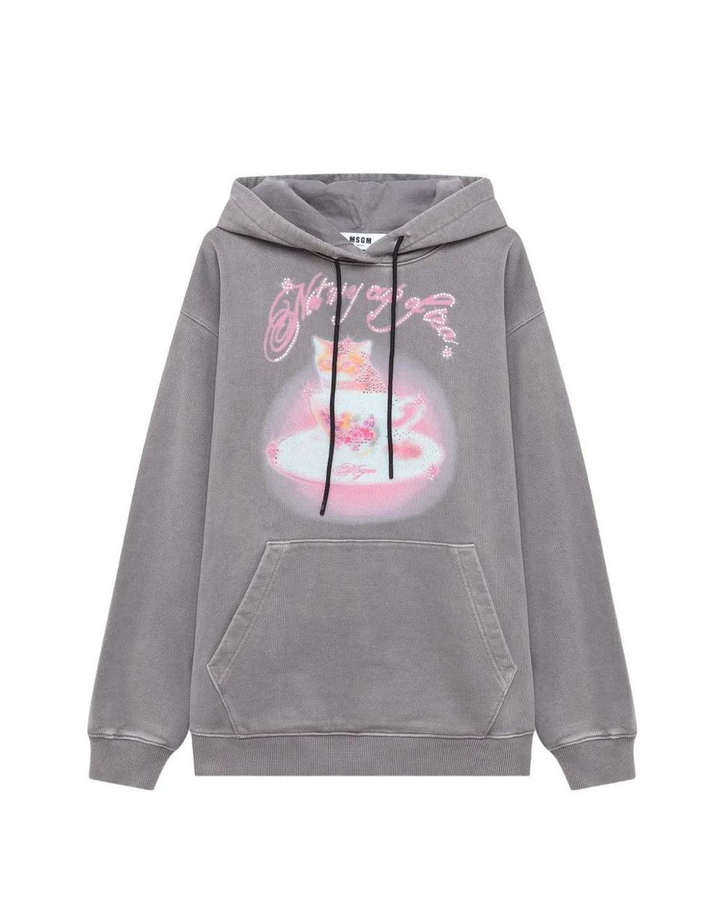 MSGM Gray Rhinestone-Embellished Graphic-Print Hoodie