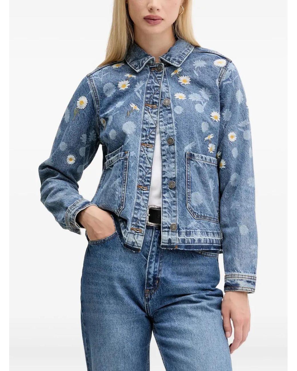 Desigual Blue Floral-Embroidered Denim Jacket