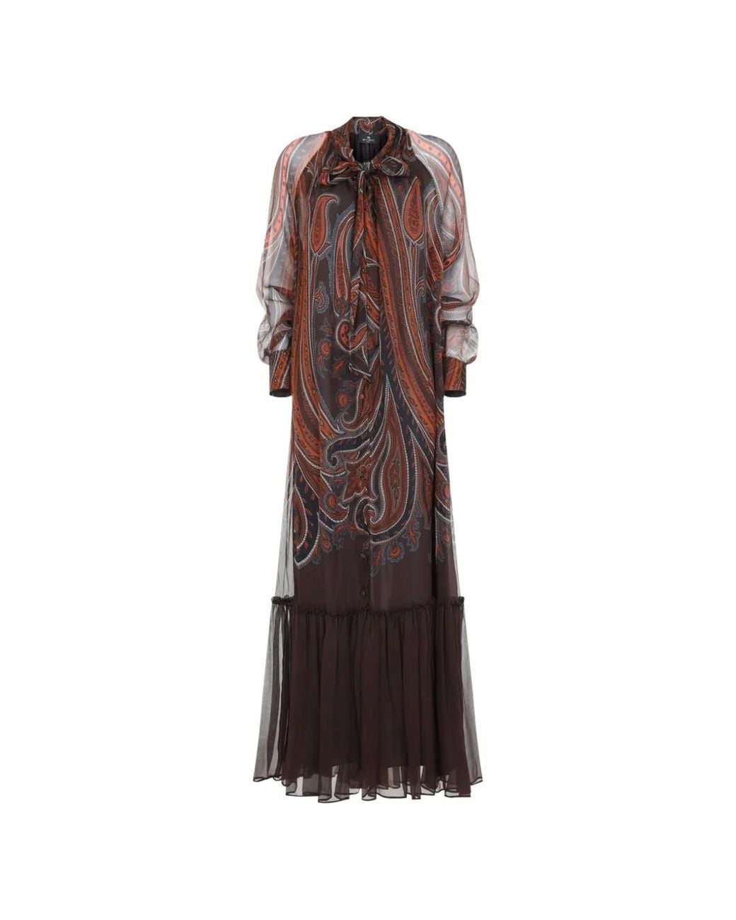Etro Brown Paisley-Print Pussy-Bow Maxi Dress