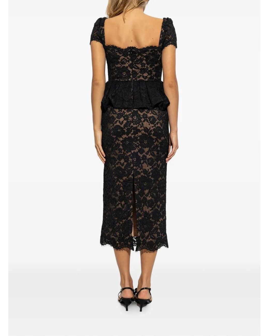 Self-Portrait Black Peplum-Waist Lace-Overlay Midi Dress