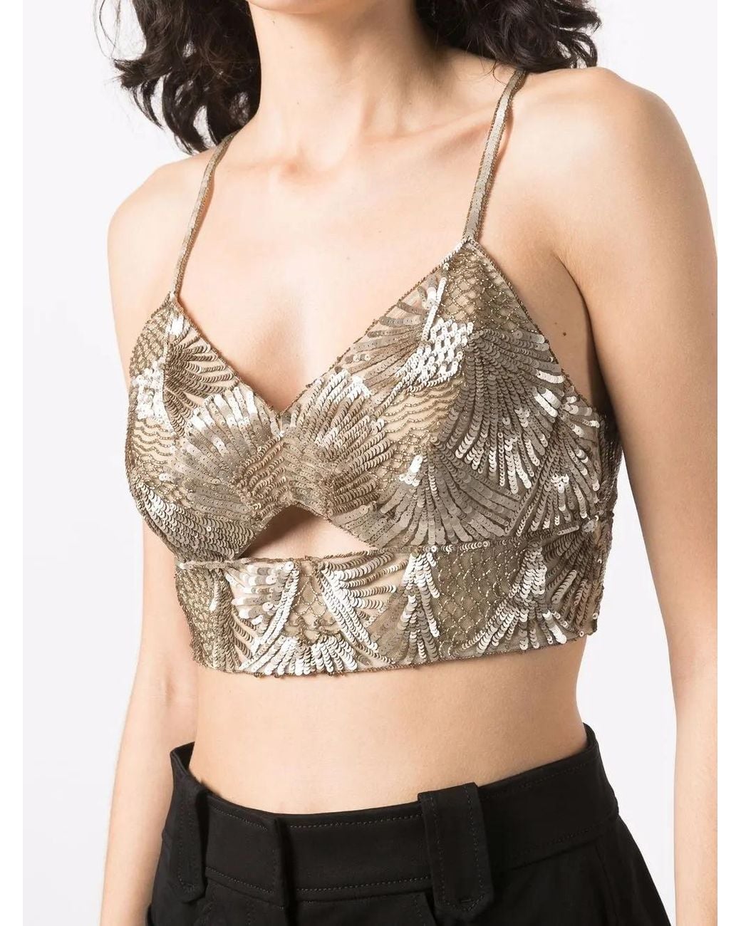 Alberta Ferretti Natural Sequin-Embellished Cropped Top