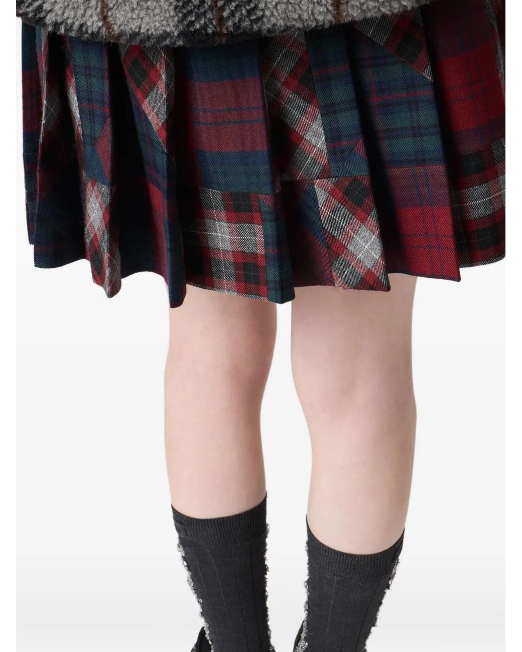 Miu Miu Red Pleated Plaid Patchwork Miniskirt