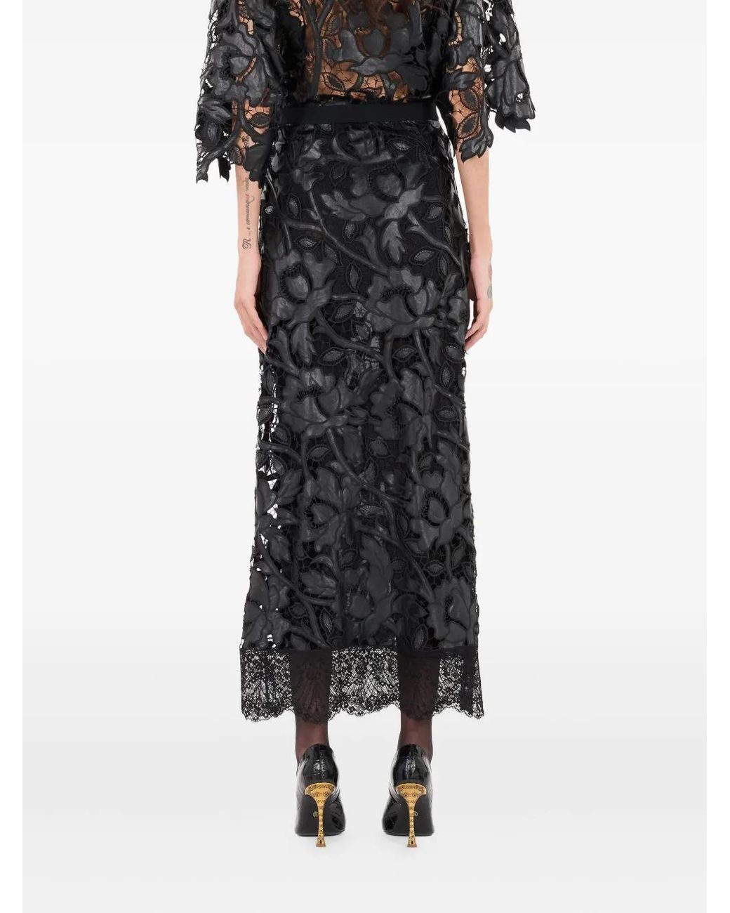 Roberto Cavalli Black Floral-Lace Skirt