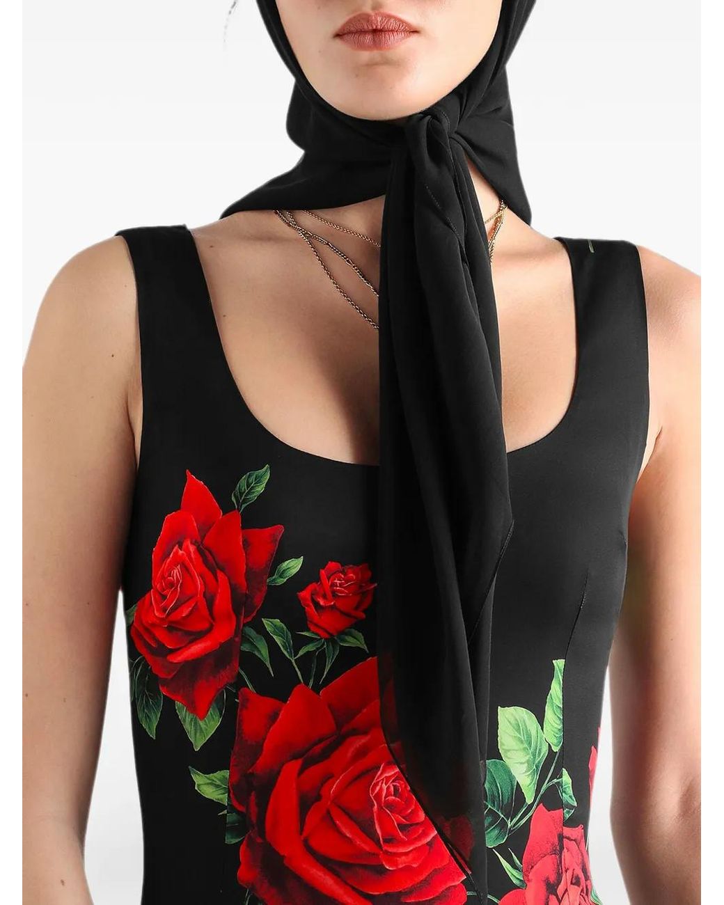 Dolce & Gabbana Red Sleeveless Midi Dress With Rose Print