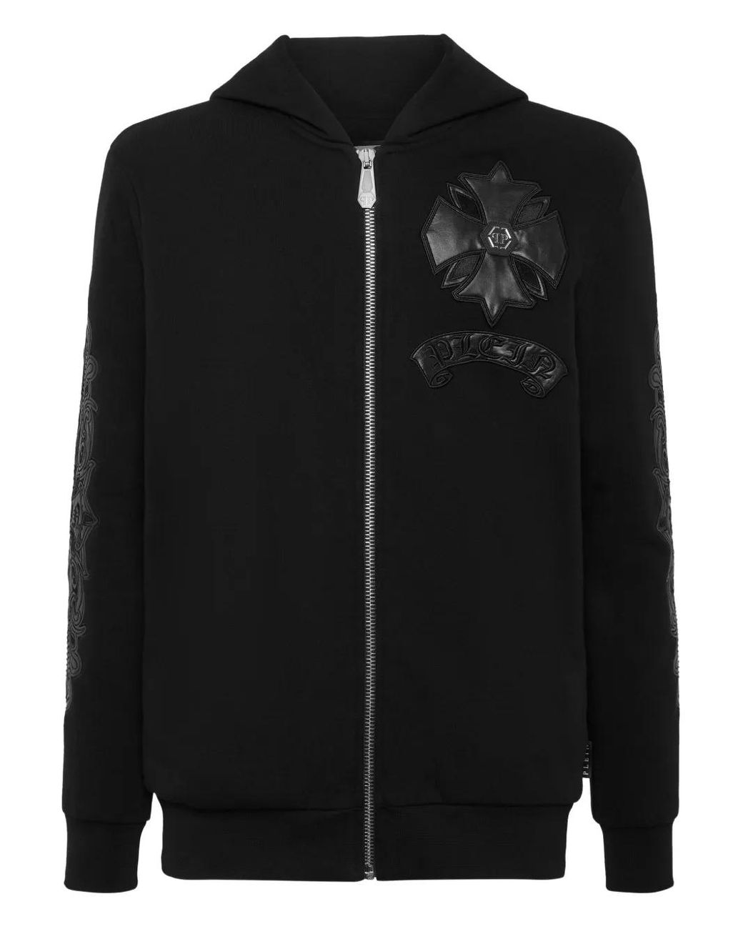 Philipp Plein Black Leather-Insert Crest-Zip Hoodie for men