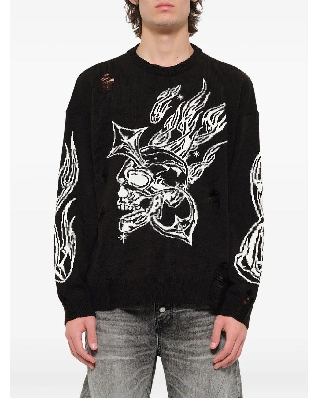 THUG CLUB Black Chrome Skull Distressed-Knit Sweater for men