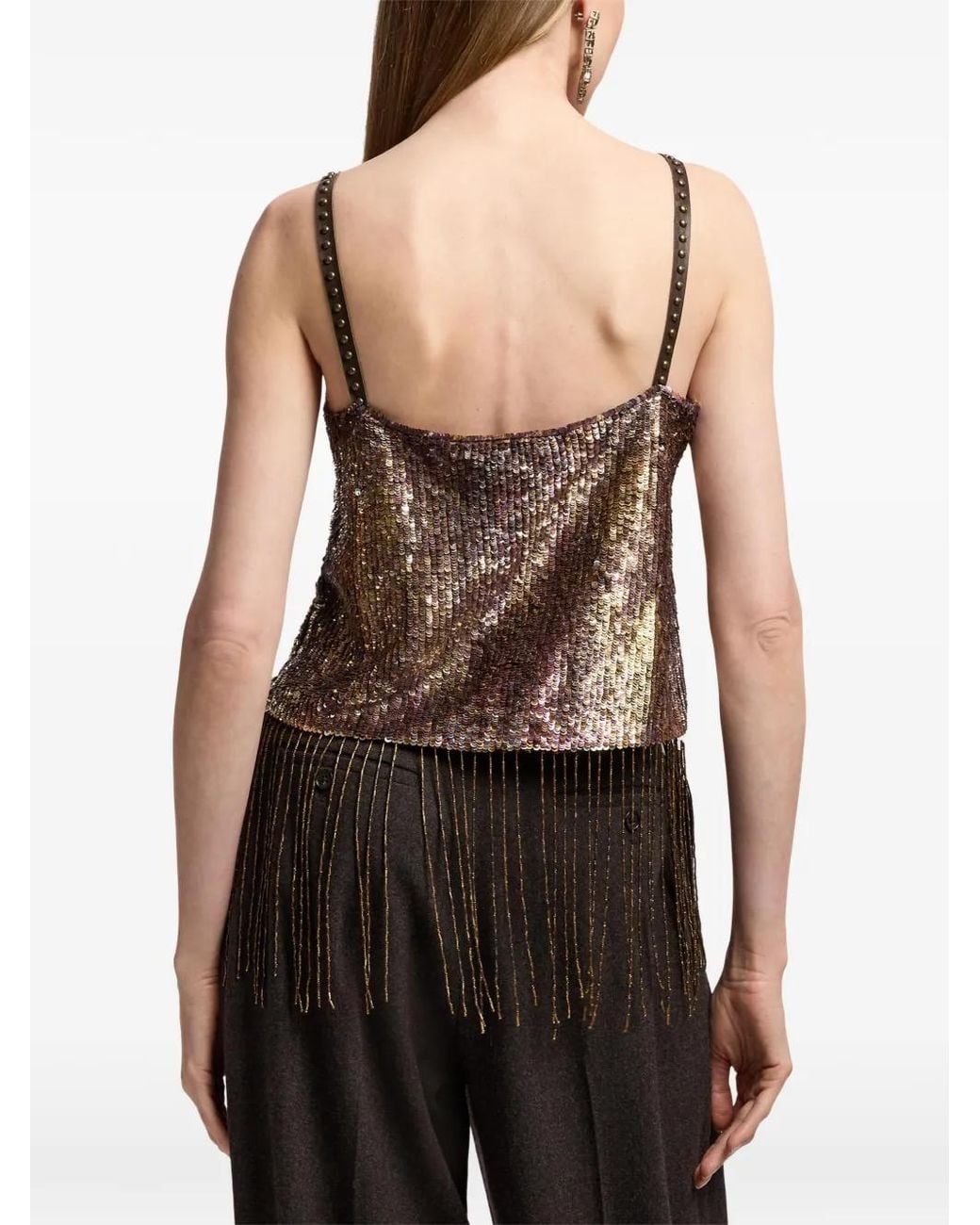 Ralph Lauren Brown Sonara Sequin-Embellished Fringe-Trim Top
