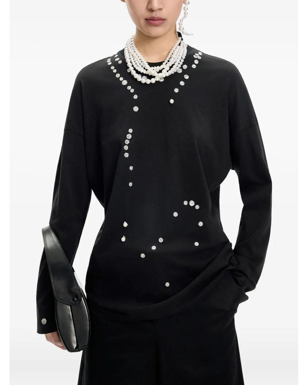 JNBY Black Pearl-Embellished Long-Sleeved T-Shirt