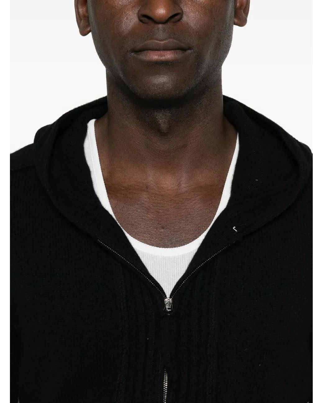 Masnada Black Ribbed-Knit Zip-Up Hoodie Sweater for men