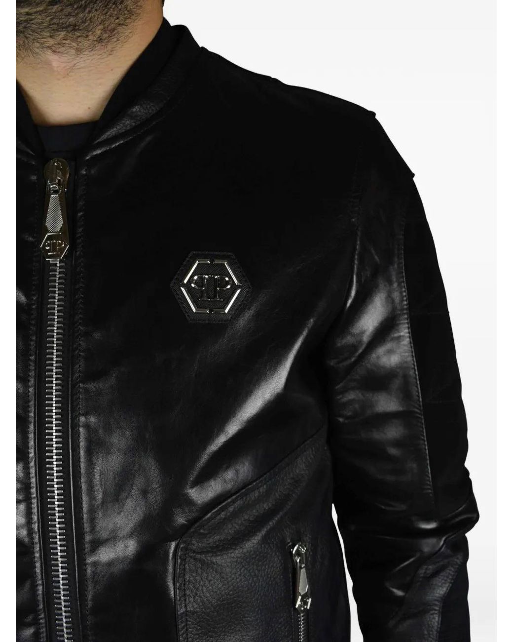 Philipp Plein Black Leather Bomber Jacket With Suede Inserts for men