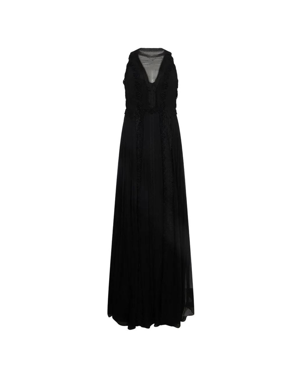 Alberta Ferretti Black Lace-Trimmed Pleated Maxi Dress