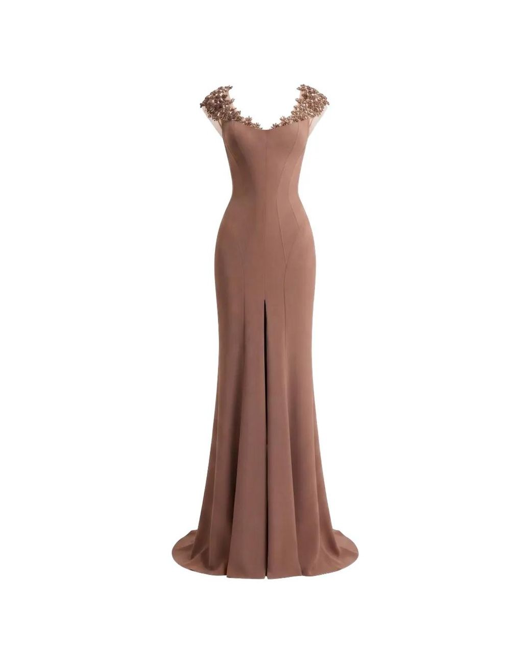 Gemy Maalouf Brown Beaded-Neckline Dress