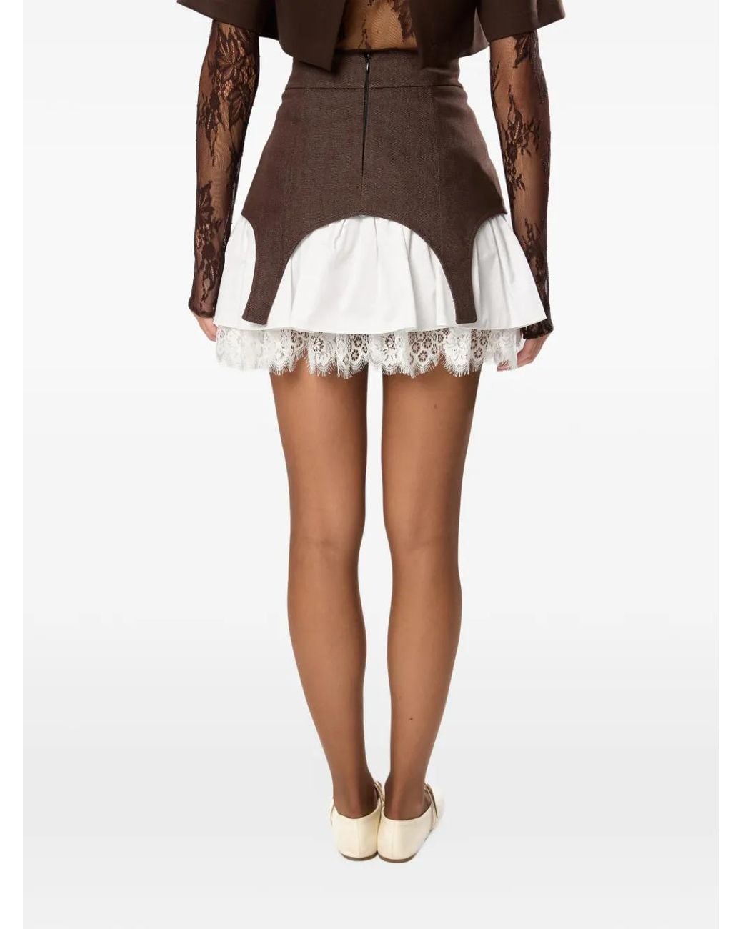 Hamza Brown Swan Layered Lace-Trim Short Skirt