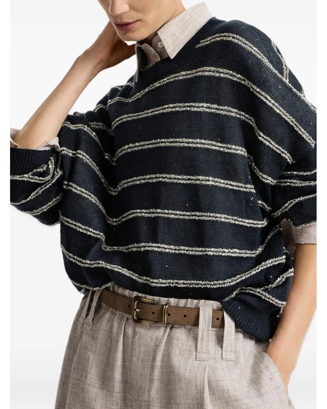Brunello Cucinelli Blue Linen And Cotton Sweater With Dazzling Double Stripes