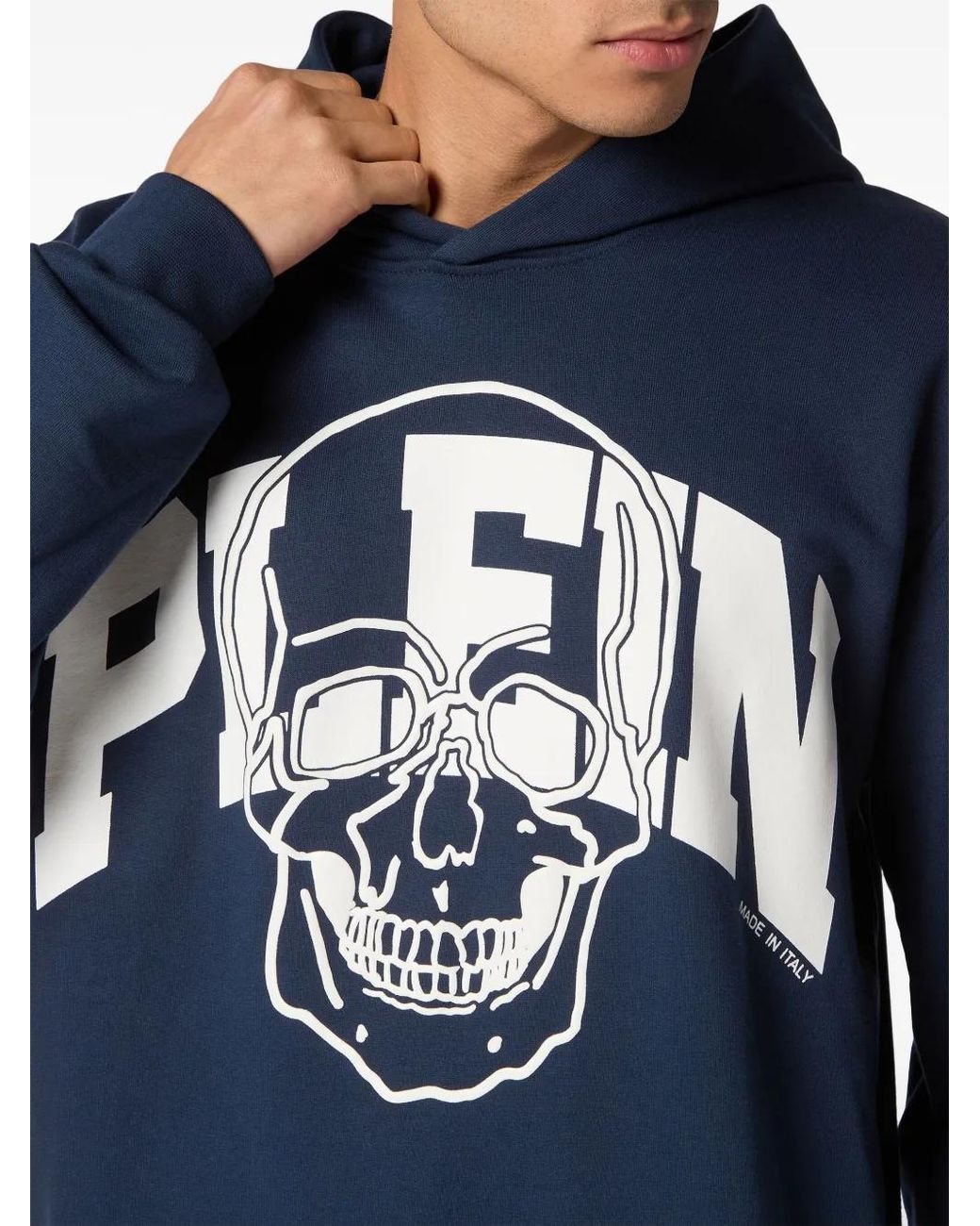 Philipp Plein Blue Skull Logo-Print Cotton Hoodie for men