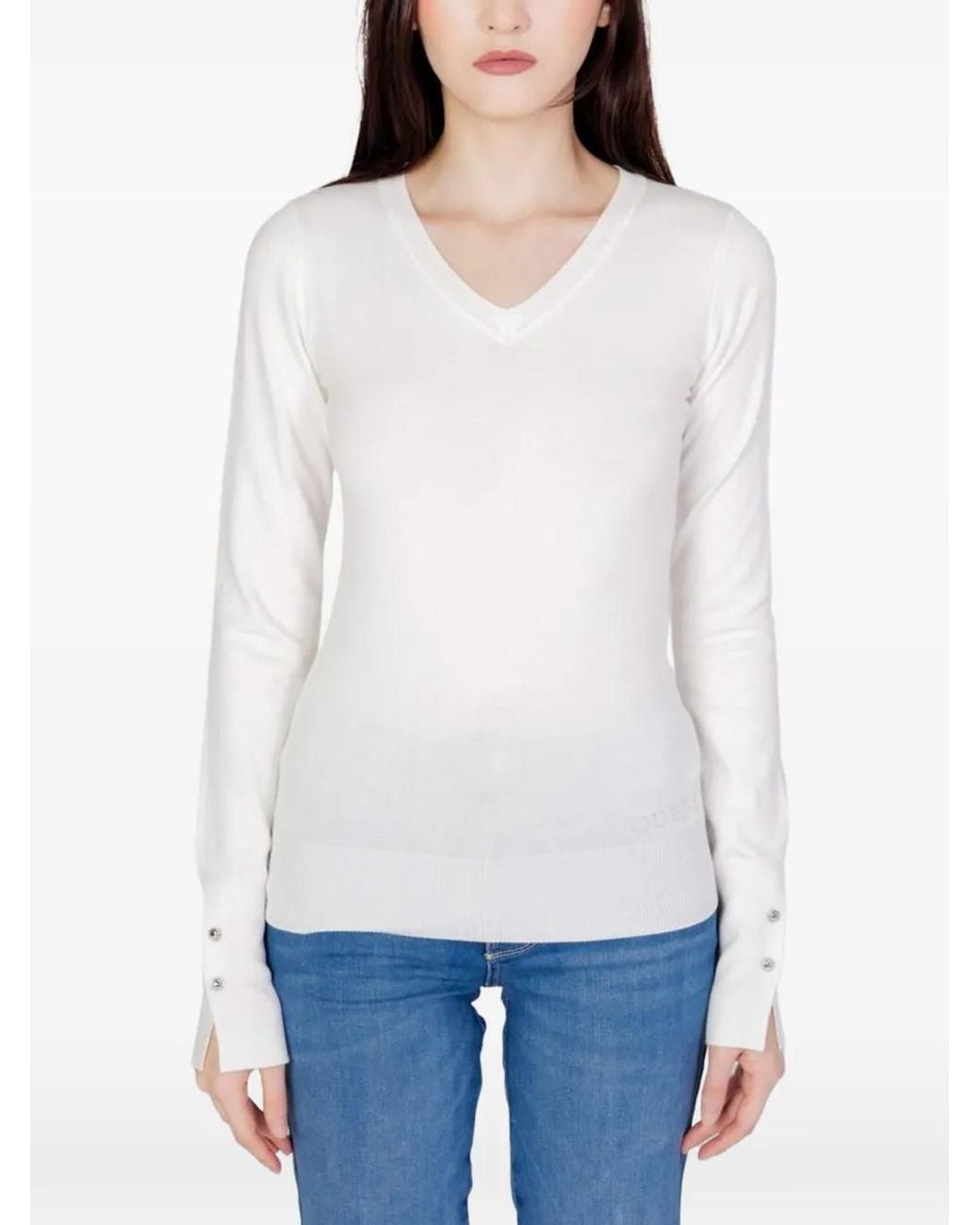 Guess White V-Neck Sweater