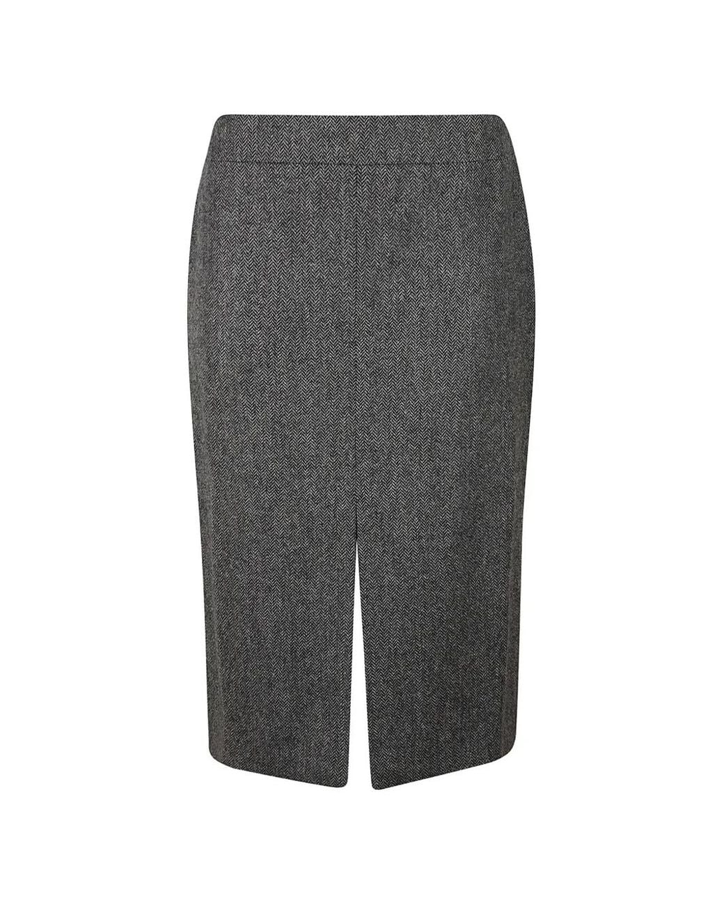 Sa Su Phi Gray Herringbone-Pattern Front-Slit Midi Skirt