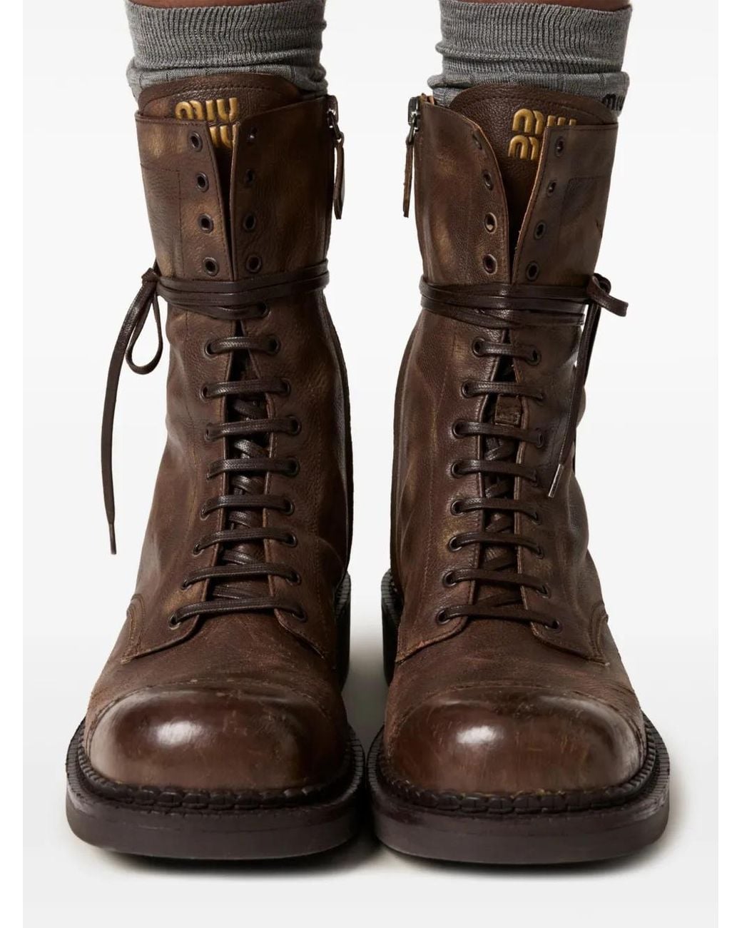 Miu Miu Brown Perforated Leather Lace-Up Boots