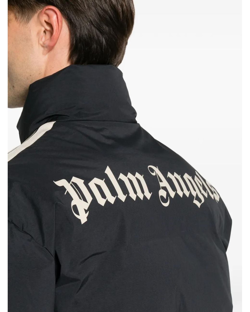 Palm Angels Black Logo-Print Side-Stripe Puffer Jacket for men