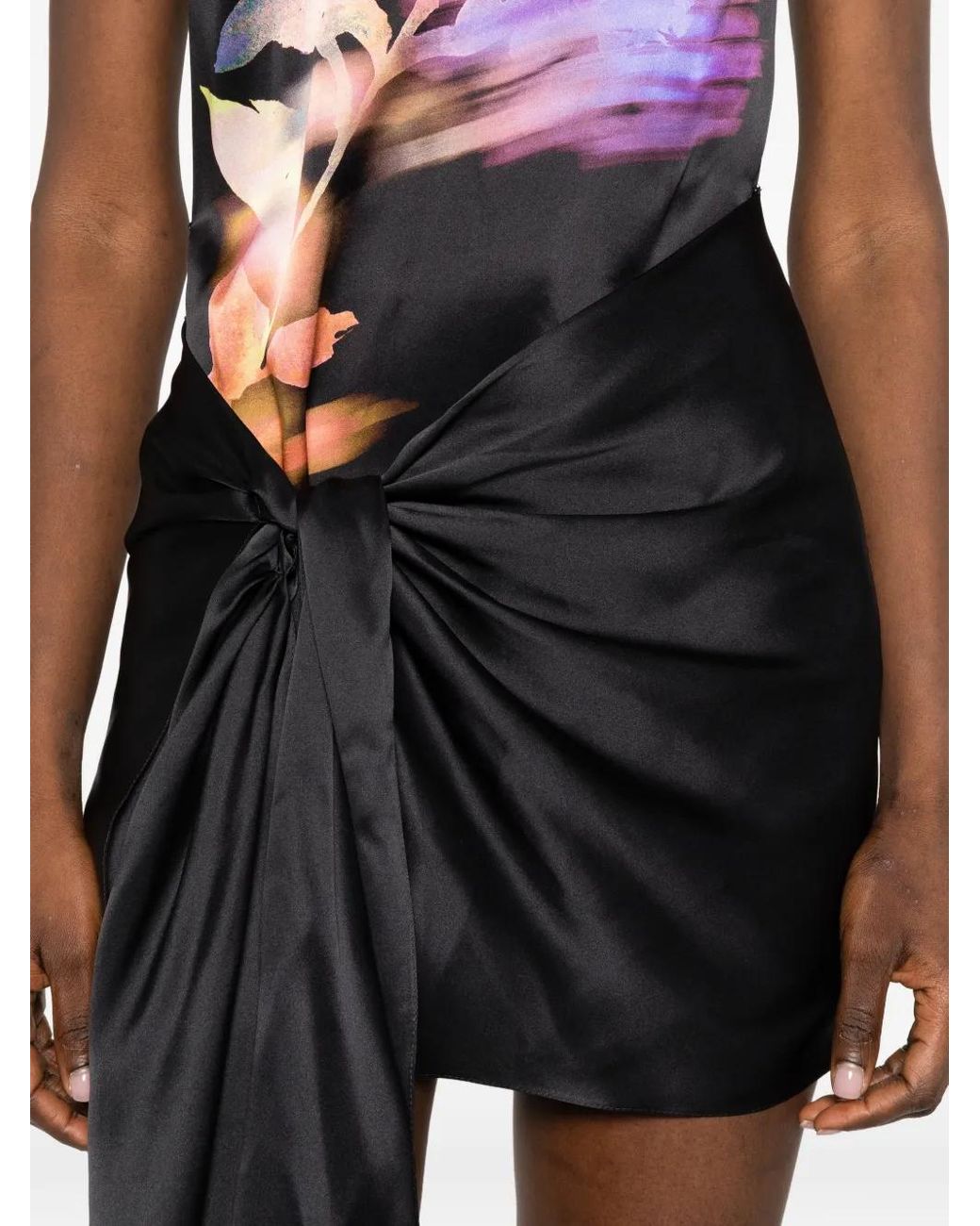 David Koma Black Floral-Print Knot-Detail Dress
