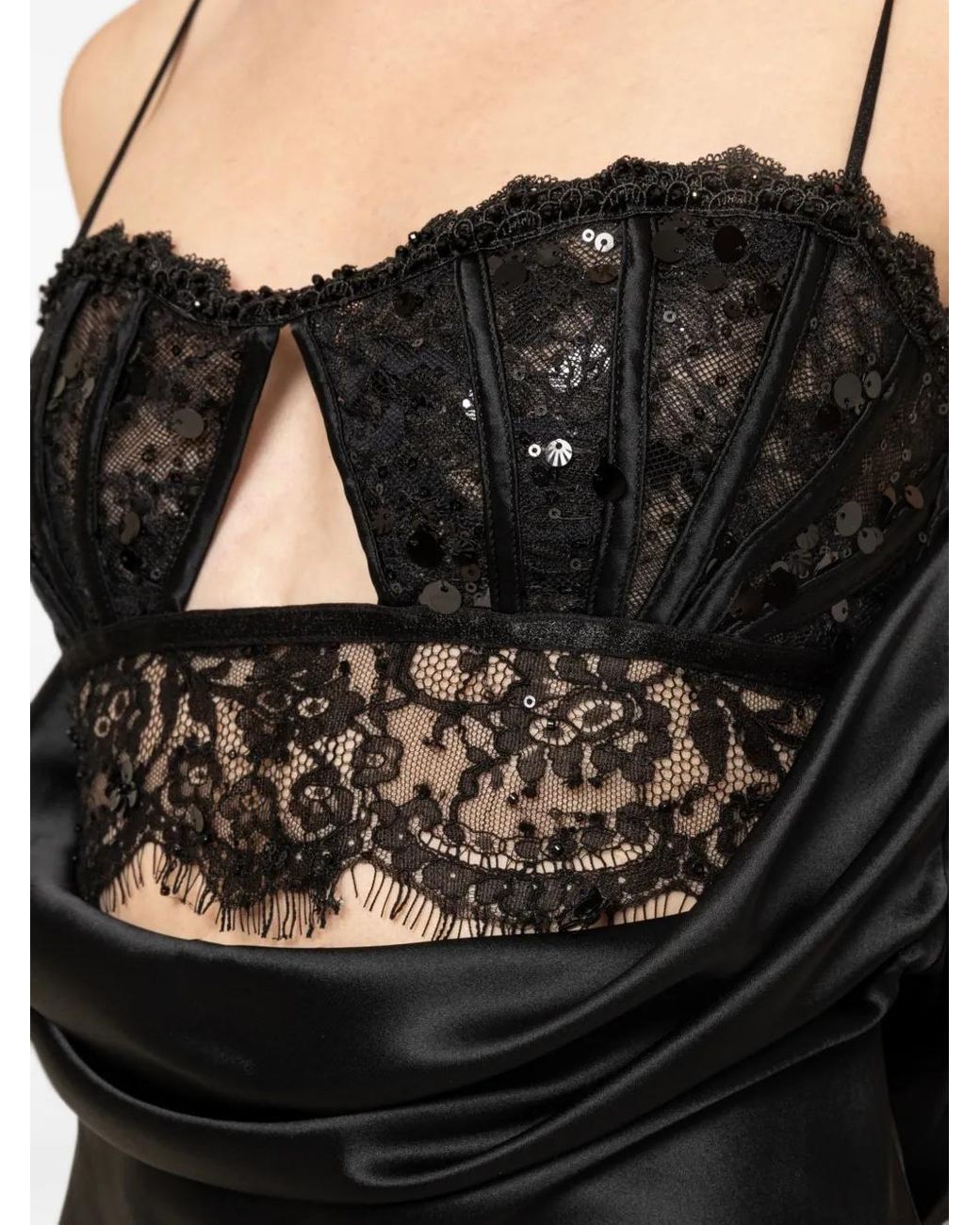 Nissa Black Lace-Panel Satin Maxi Dress