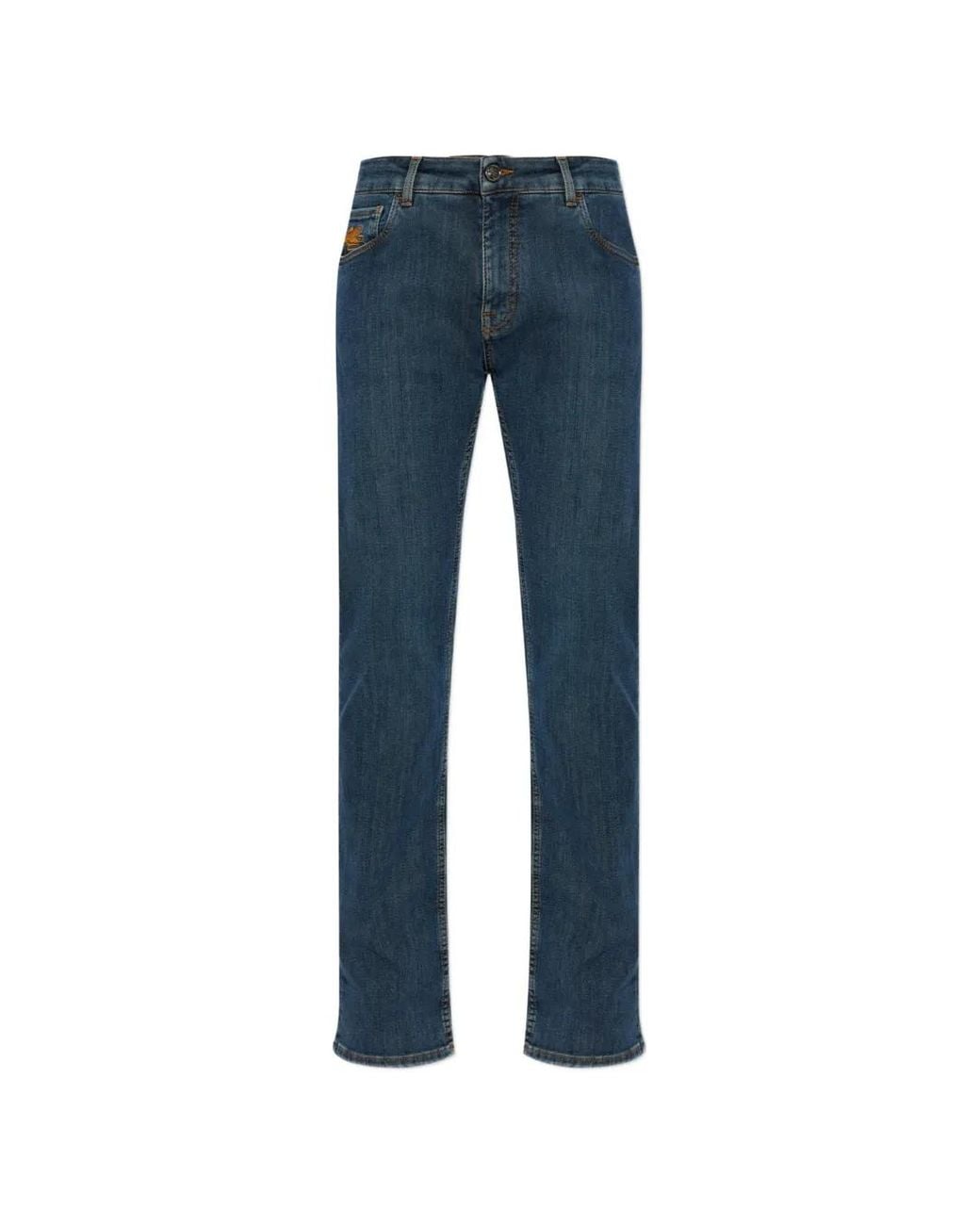 Etro Blue Embroidered-Logo Straight-Leg Jeans for men