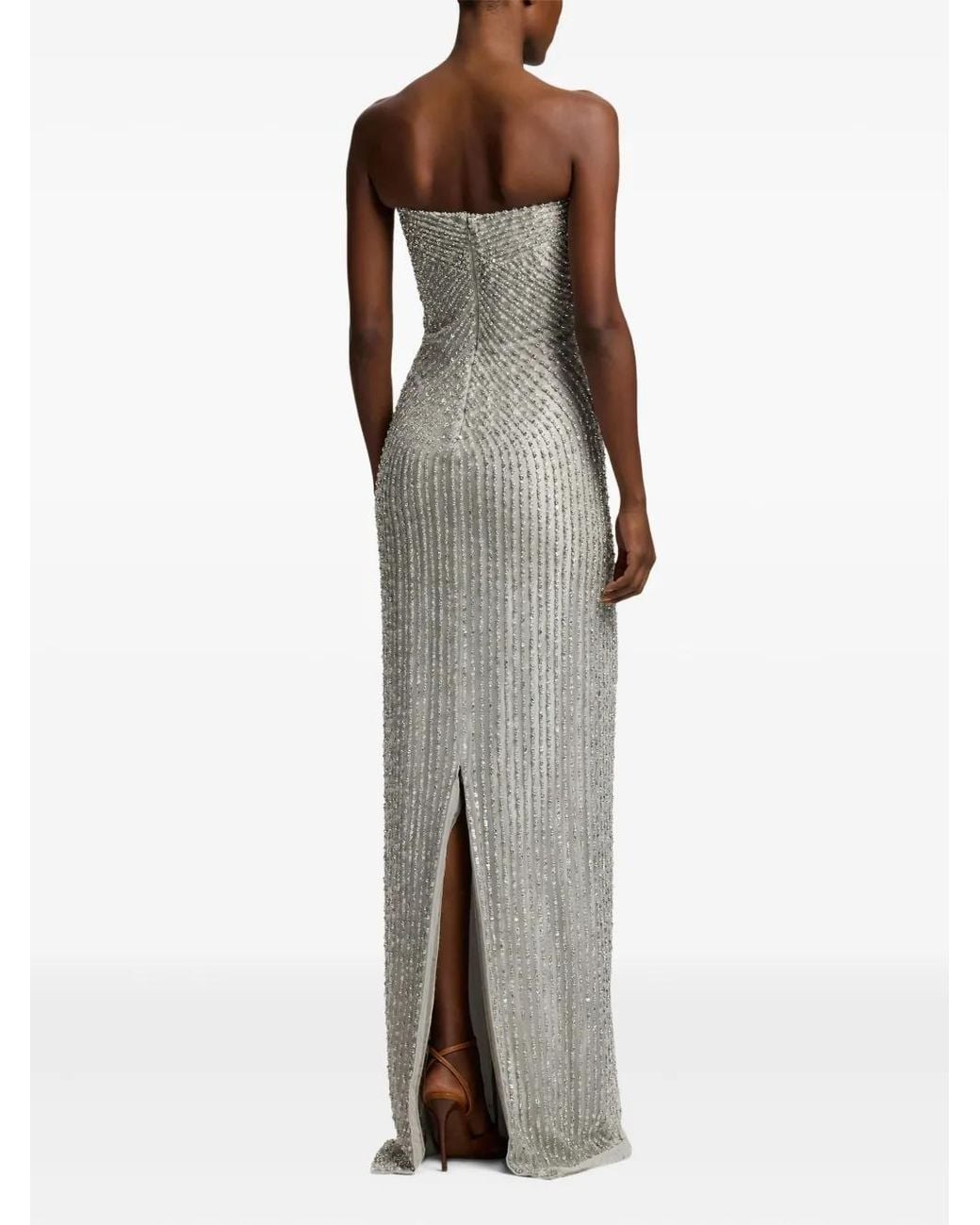 Ralph Lauren Gray Embellished Slit Maxi Evening Dress