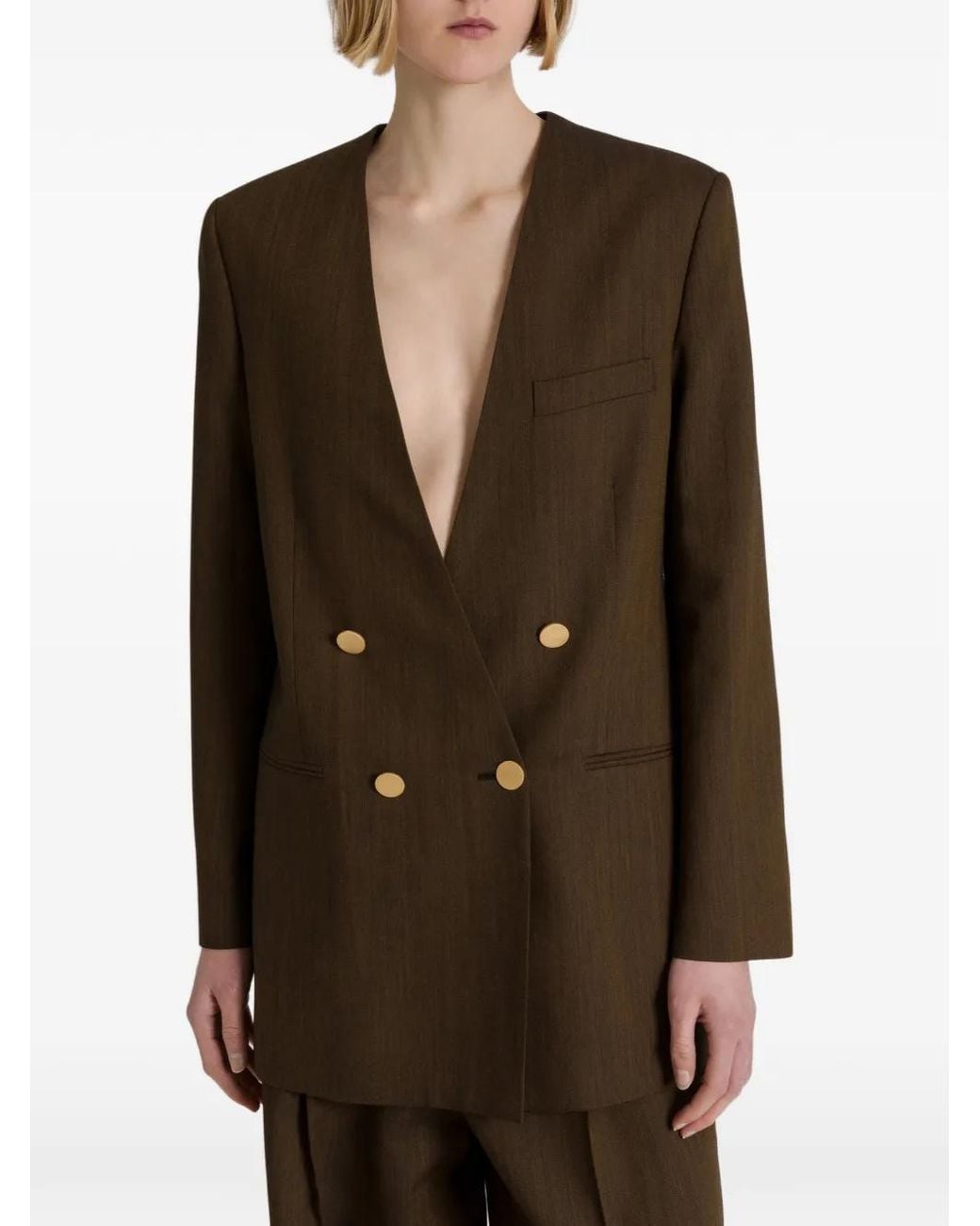 Alberta Ferretti Brown Chest-Pocket Double-Breasted Blazer