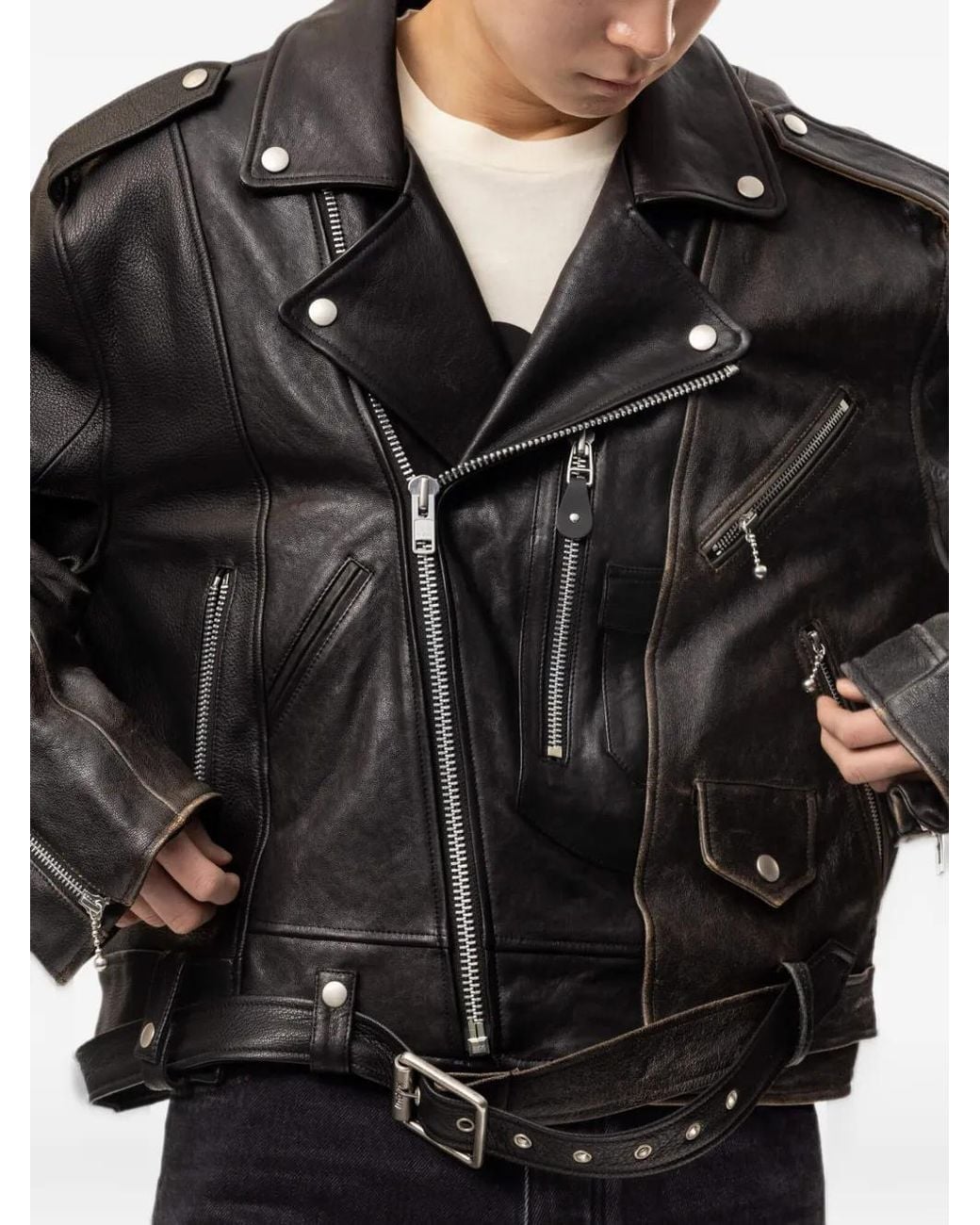 Protocol Index Black Reconstructed Biker Leather Jacket for men