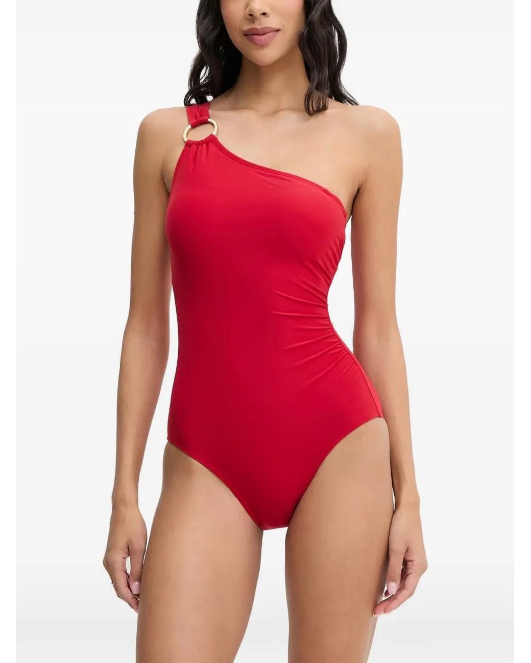 MICHAEL Michael Kors Red One-Shoulder Ring-Detail Swimsuit