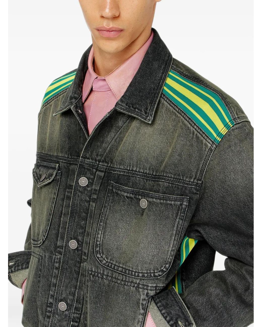 DIESEL Green Trucker Jacket With Striped-Shoulder Bands for men