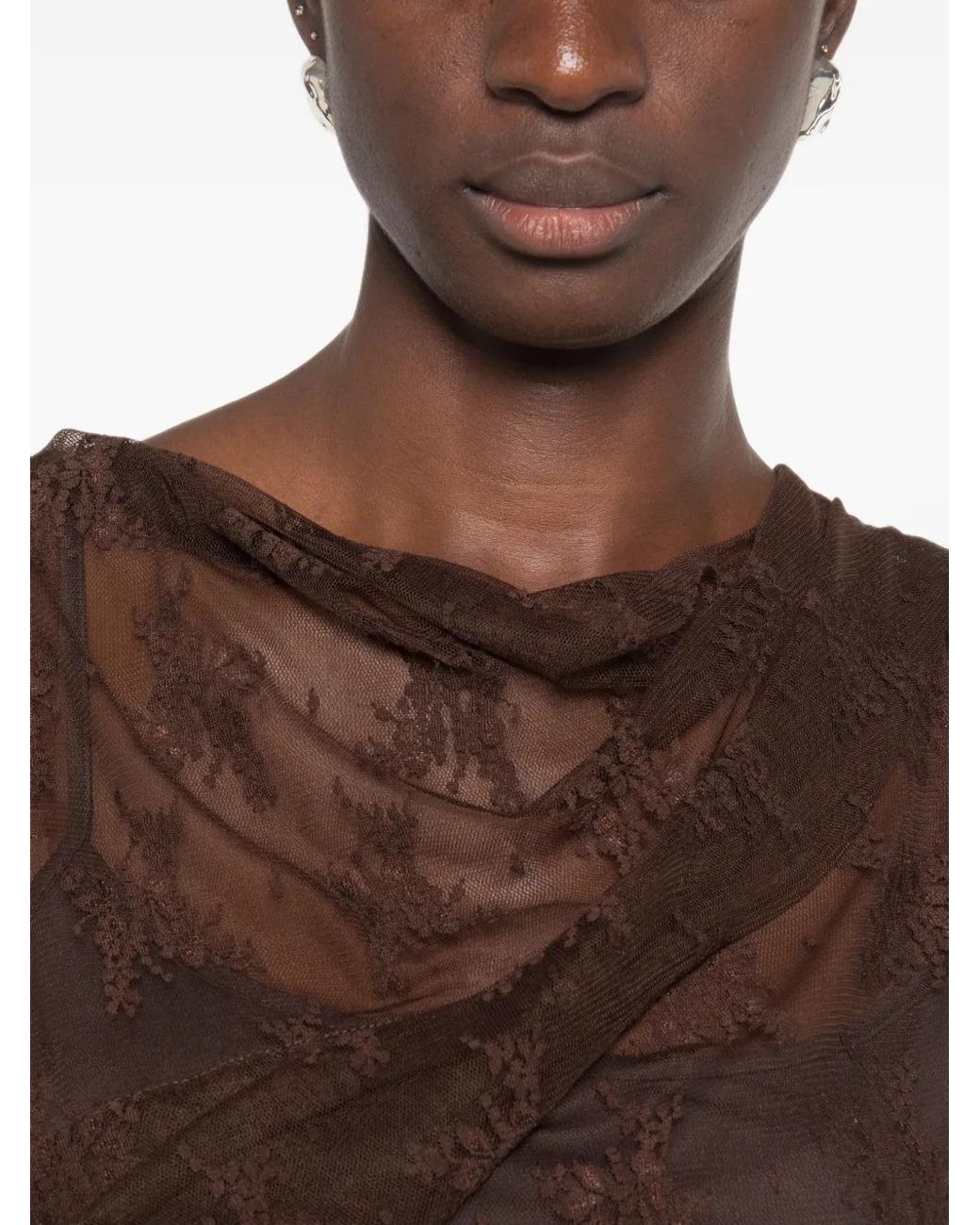 Imperial Brown Lace-Overlay Draped Top