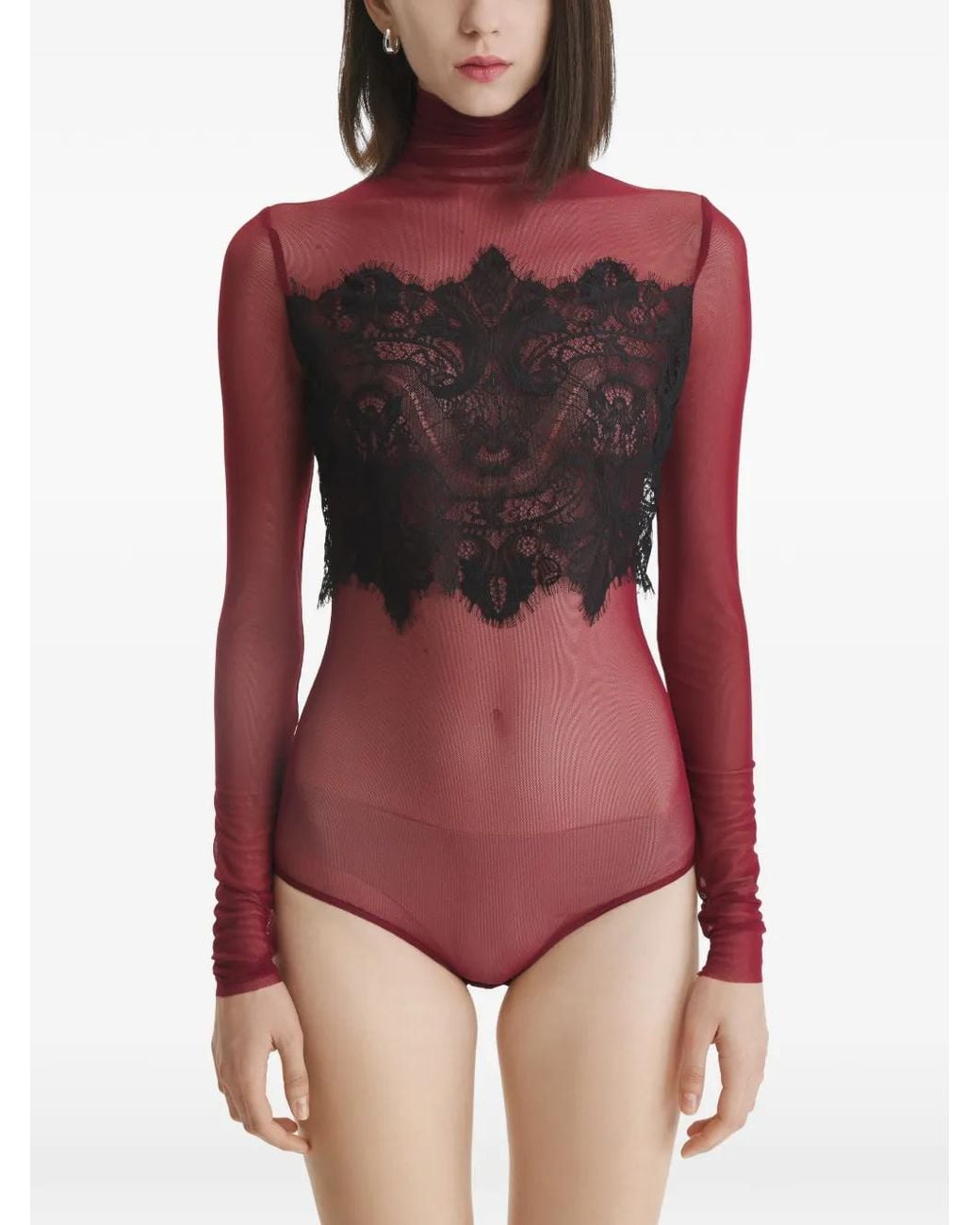 2310 STUDIO Red Lace-Panel Bodysuit