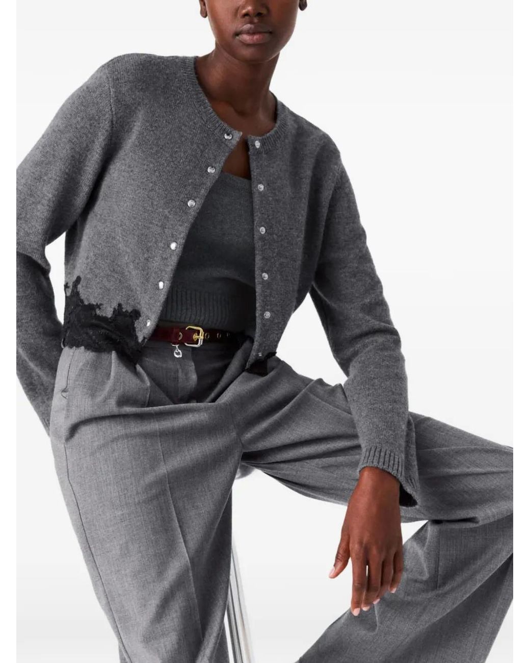 Maje Gray Twinset With Lace Trim Cardigan And Tank Top