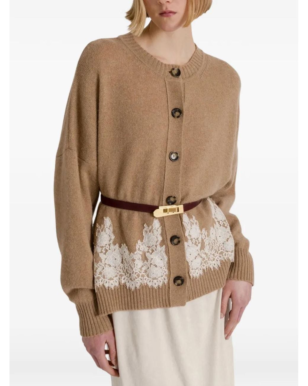 Alberta Ferretti Natural Lace-Trim Button-Up Cardigan